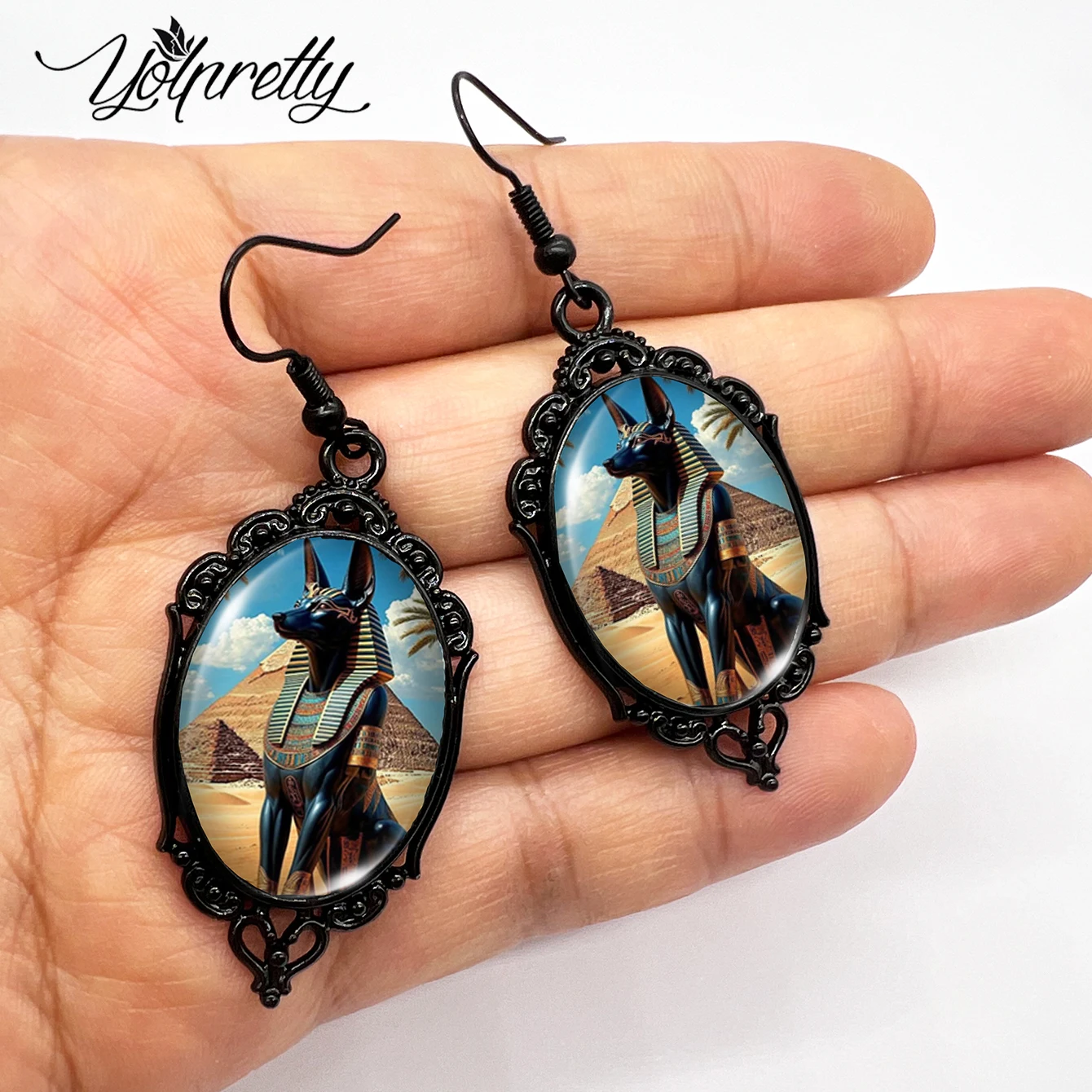 New Anubis and the Pyramid Picture Oval Glass Cabochon Handmade Fish Hook Black Flower Shaped Dangle Earrings