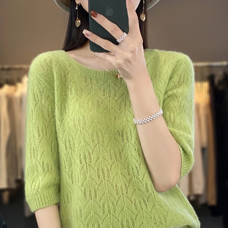 Pullover Women's O-neck Pure Sweater Comfortable and Versatile Women's Knitted Thin Short Sleeve T-shirt 100% Wool Sweater Hot