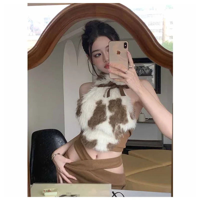 Spring Women' Clothing Dress Sexy Hot Girl Little Cow Contrast Color Fur Fur Top Design Hollow-out Cross Belt Buttock Skirt Suit