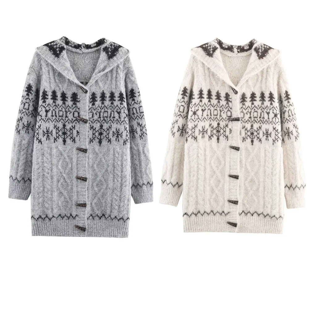 خريف جديد نمط الملابس النسائية فضفاضة بأكمام طويلة مقنعين زر الجاكار سترة محبوكة سترة عادية متعددة الاستخدامات #1