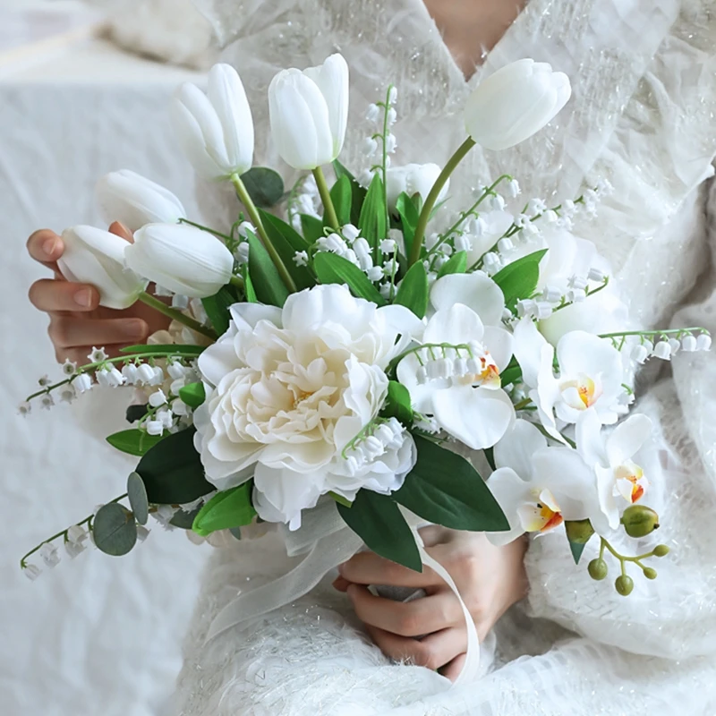 Poney Birdal Bouquet Real Touch Lily of the Valley mix with Orchid tulip Flower for Wedding Party bouquet fleur séchées