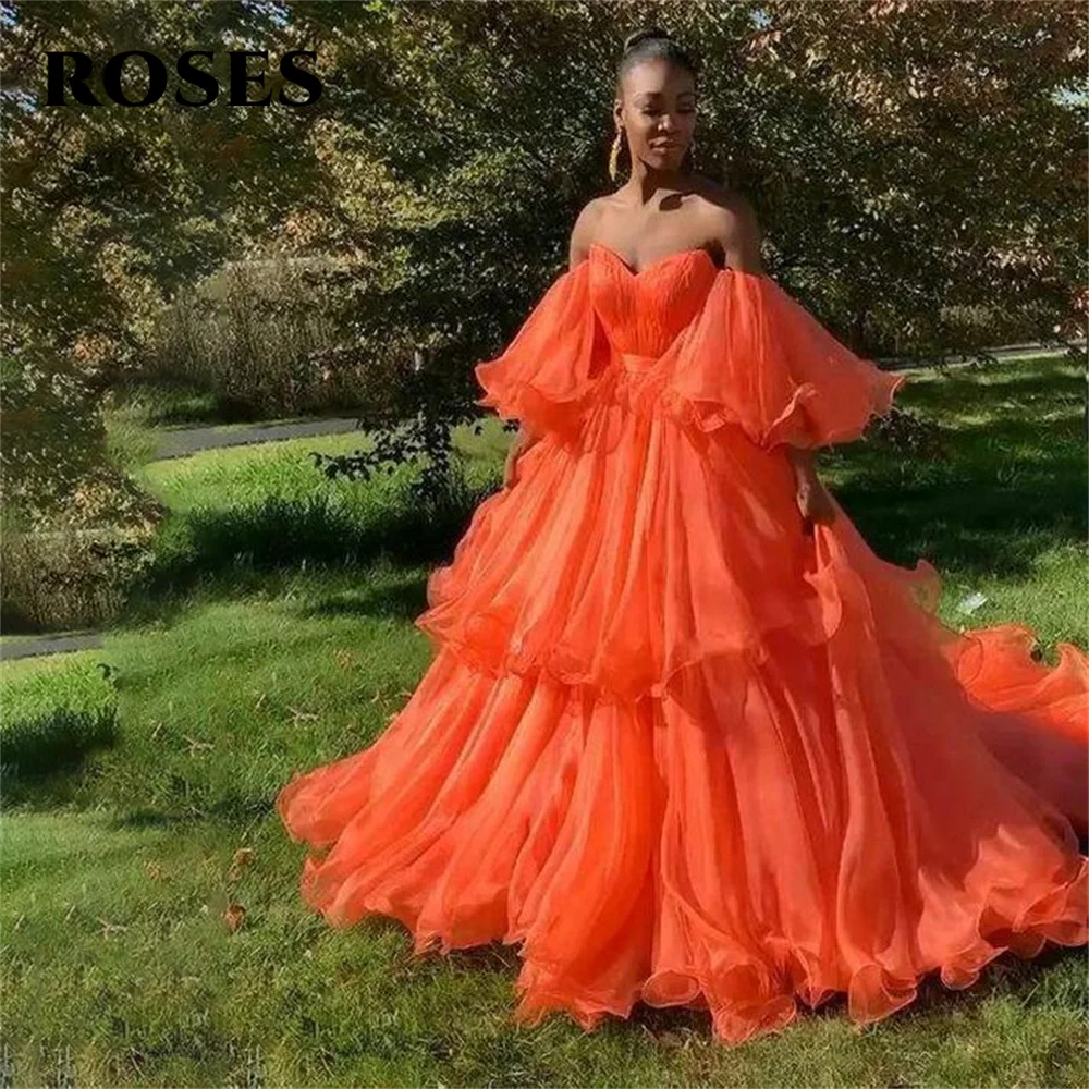 

ROSES Orange Charming Prom Dress Gown A Line Tiered Formal Gown Off The Shoulder Evening Gown Free Shipping vestidos de noche