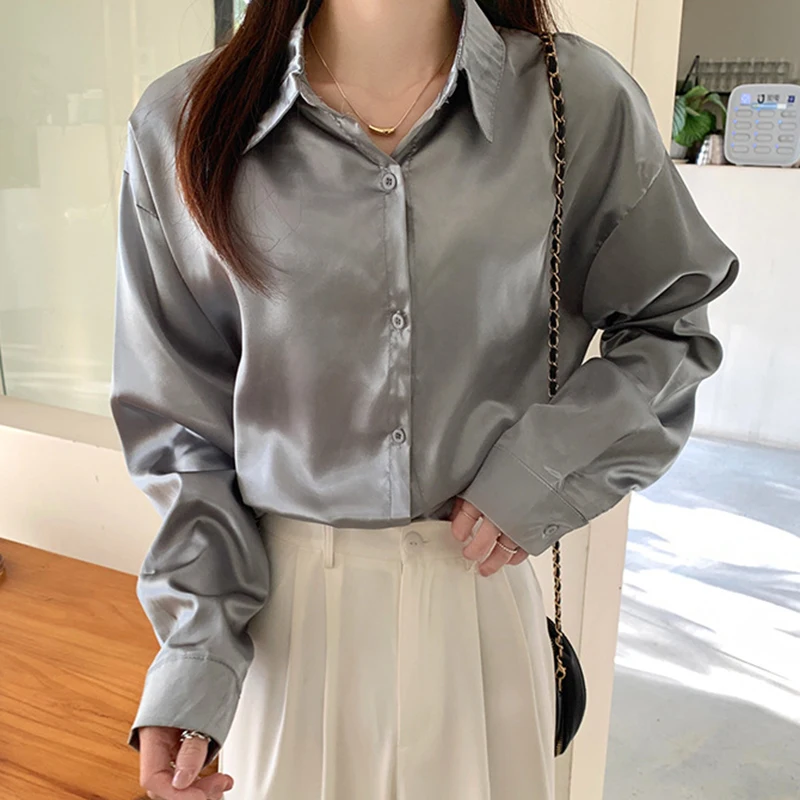 Vintage Loose Satin Blouse Women Long Sleeve Green Silk Shirt Women Fashion 2022 Casual Office Lady Oversized Blouses Tops 21494