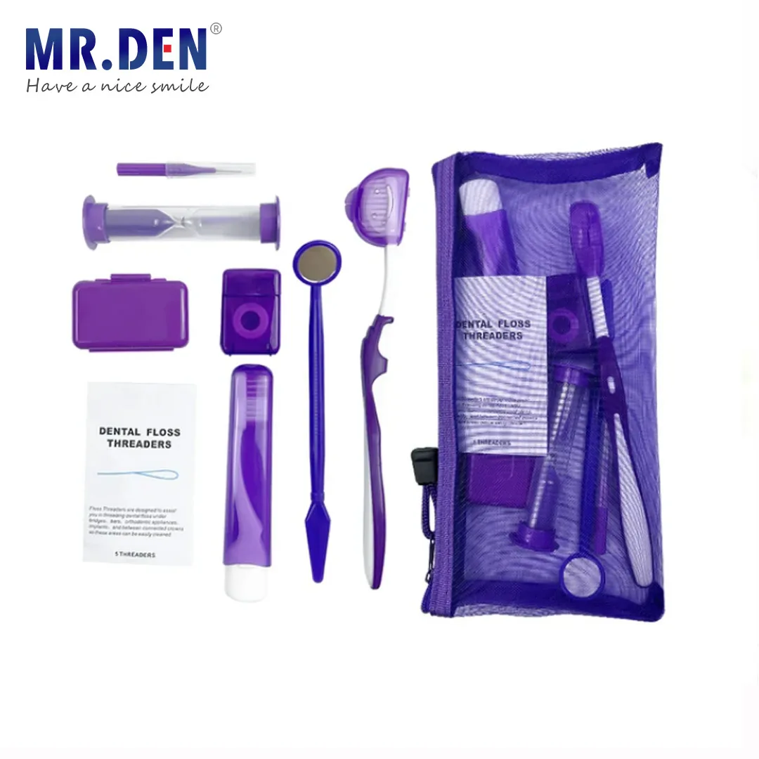 8pcs/set Dental Teeth Orthodontic Kits Portable Oral Cleaning Care Whitening Tools Suit Colorful Mesh Bag with Ortho Toothbrush