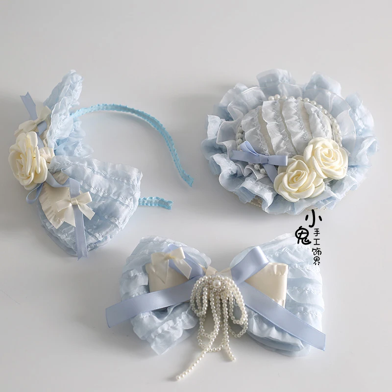 Ribbon Bow Hairband with Hairpins Girls Lolita Lace Ruffled Headband Lolita headdress hair accessories maid headband