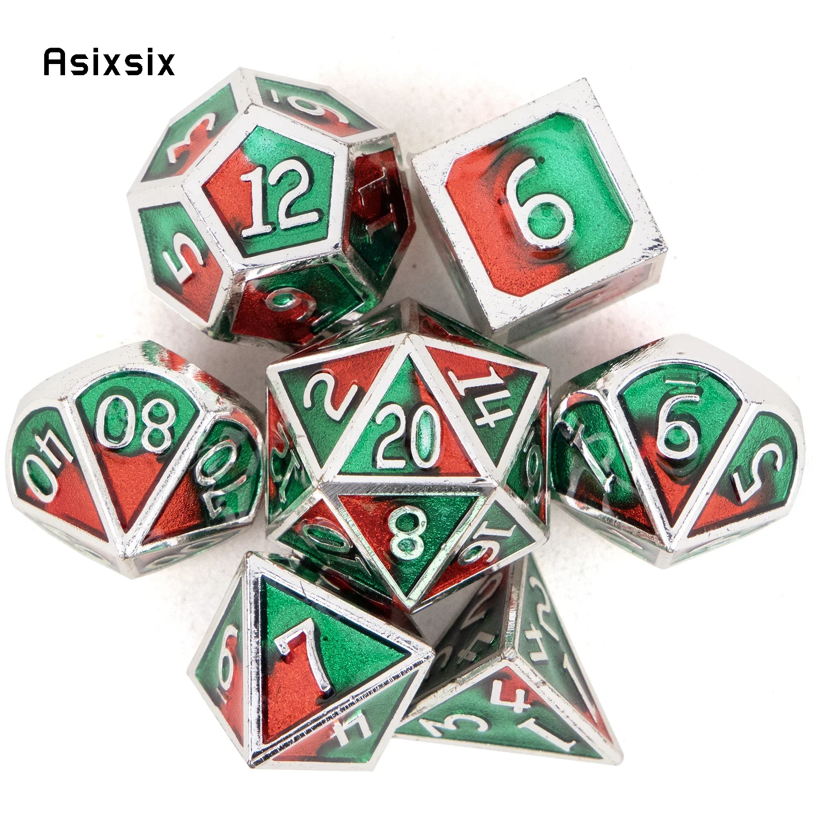

7 Pcs Green Red Standard Metal Dice Solid Metal Polyhedral Dice Set Suitable For Role-Playing RPG Gift Card Game