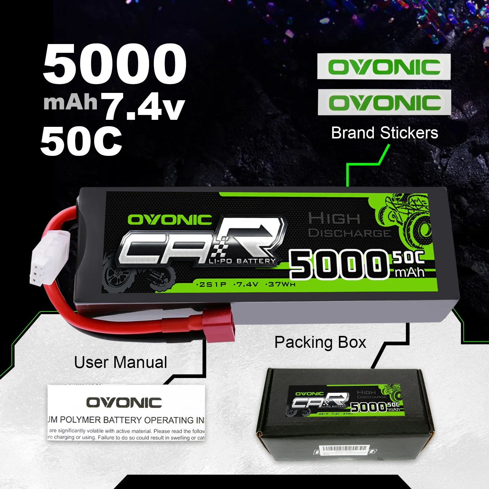 Ovonic 5000mAh Lipo 2S แบตเตอรี่แพ็ค50C T deans ปลั๊ก7.4V สำหรับ arrma 1/8 1/10 mobil RC emaxx Traxxas Slash HPI Boat Heli