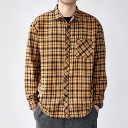 Spring Autumn Men's Clothing Long Sleeve Plaid Pockets Turn-down Collar Button Cardigan Shirt Coats Casual Fashion Retro Tops