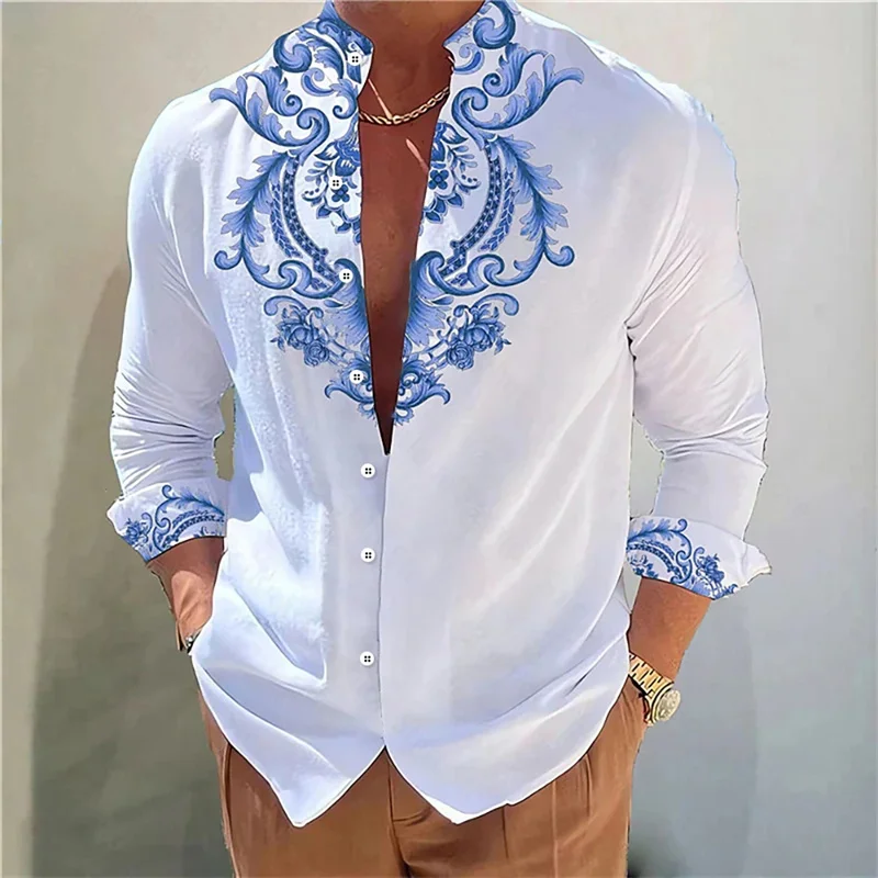 Fashionable European and American men's personalized pattern totem casual selection, long sleeved shirts, loose stand up collar