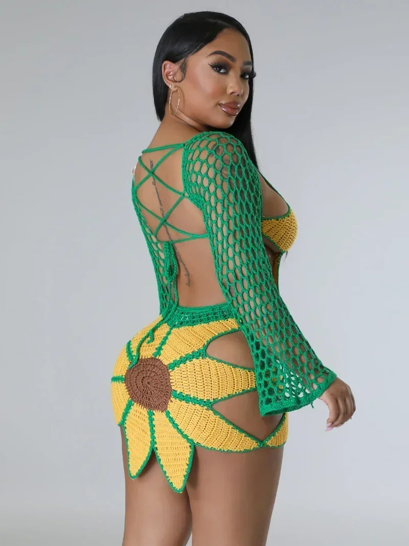 GUWU-Conjunto de dos piezas de girasoles para mujer, Top corto y minifalda por debajo de la rodilla, traje Sexy para vacaciones en la playa, tejido de ganchillo y girasol