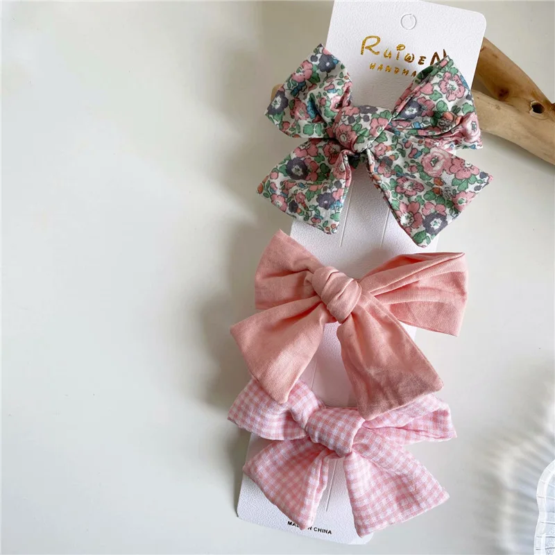 New Korean Style Floral Plaid Cloth Baby Girls Bowknot Hairpin Princess Cute Toddlers Children Headwear Accessories 3pcs/set