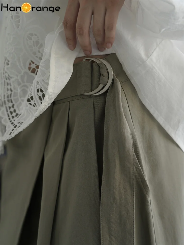 HanOrange 2025 Jesienna Moda Retro Spodnie z Paskiem na Boku w Talii Damskie Luźne Spodnie Ciemnoszare/Zielone Wojskowe