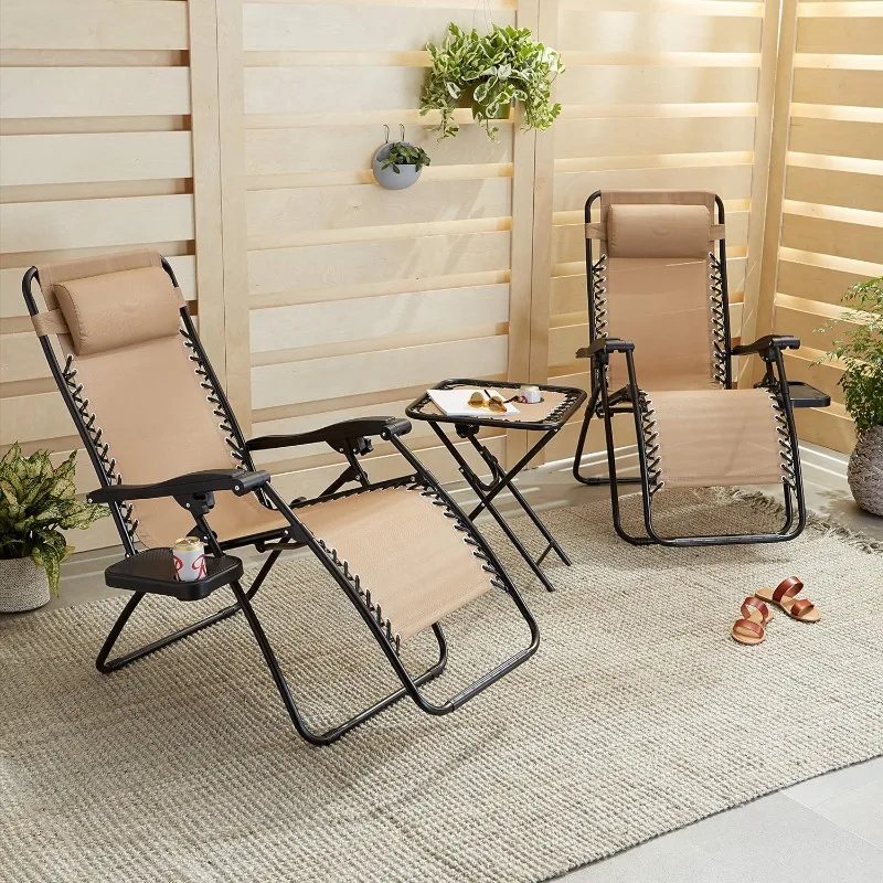 Outdoor Textilene Adjustable Zero Gravity Folding Reclining 3-Piece Lounge Chair Set with Side Table, 35 x 26 x 43 inches,