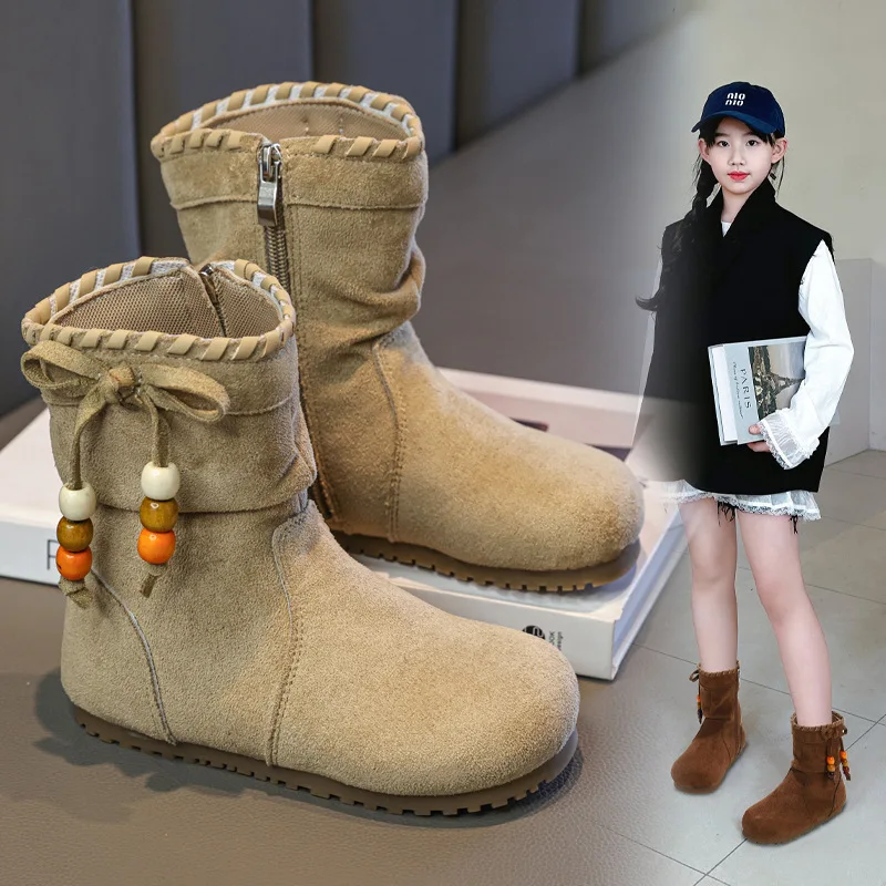 الفتيات أحذية بوت قصيرة الخريف الشتاء جديد الأطفال ميلارد اللون بولي Leather جلد الغزال موضة الدافئة عقدة الخرز أفخم الأحذية حجم 26-36 #4