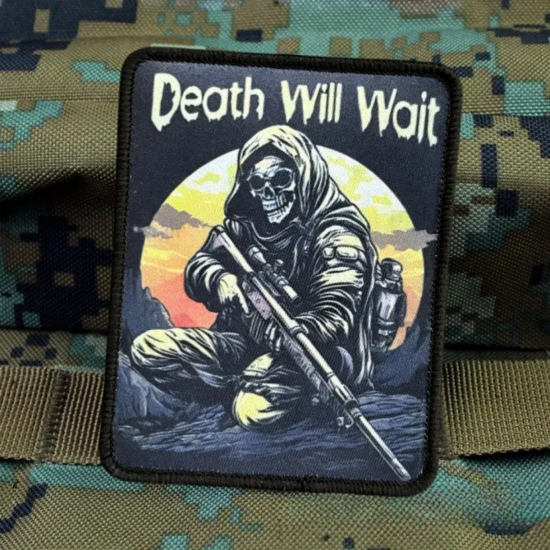 Skull Soldier Tactical Patch Military Death Will Wait Reaper Morale Badge Printed Hook&Loop Emblem Backpack Armband Stickers