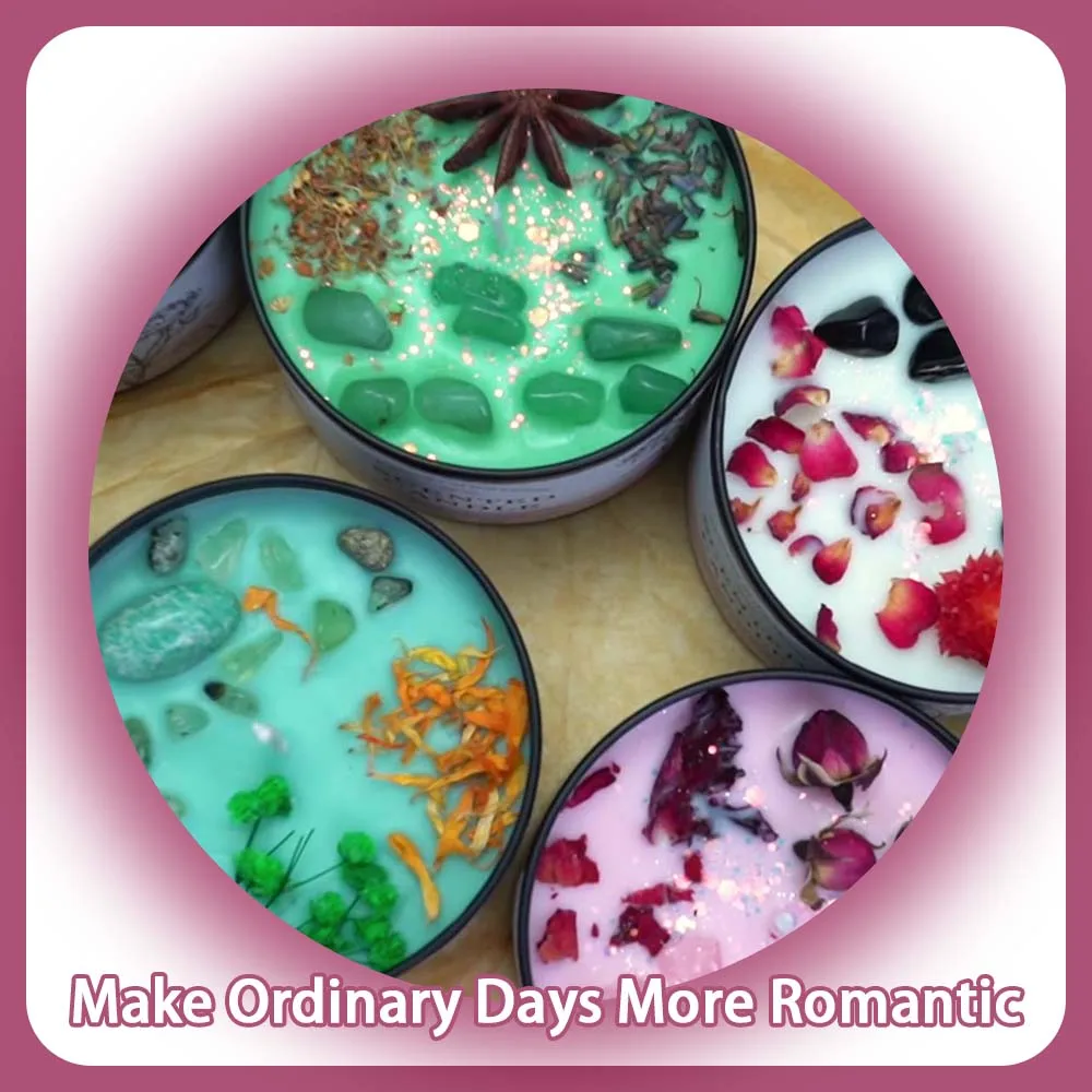 Świeca aromaterapeutyczna z kryształkami, świeca zapachowa z suszonymi kwiatami - wosk sojowy z olejkami eterycznymi, redukcja stresu i pomysł na prezent