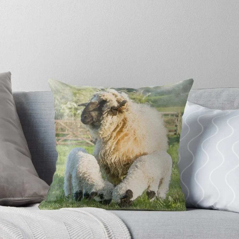 

Watercolour Photograph of Valais Blacknose Sheep and Her Twin Lambs Throw Pillow luxury throw pillow covers pillow