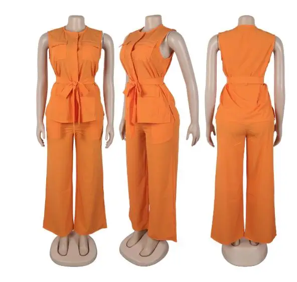 

Women's Sleeveless Round Neck Top and Wide - Leg Pants Two - Piece Set with Belt, Multiple Pockets, Stylish for Daily Commuting