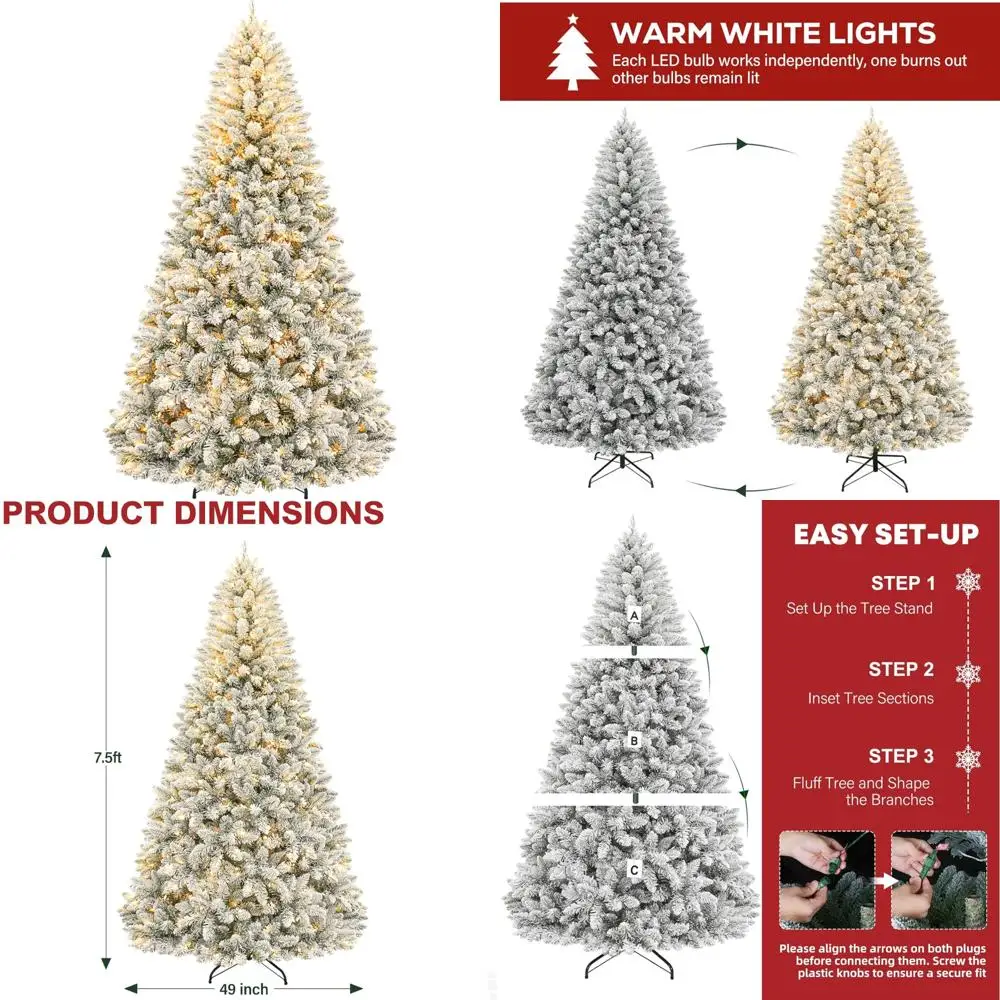شجرة عيد الميلاد الاصطناعية الثلجية المضاءة مسبقًا بطول 7.5 أقدام مع 450 مصباح LED، وأطراف فرع 1446، وحامل معدني #1