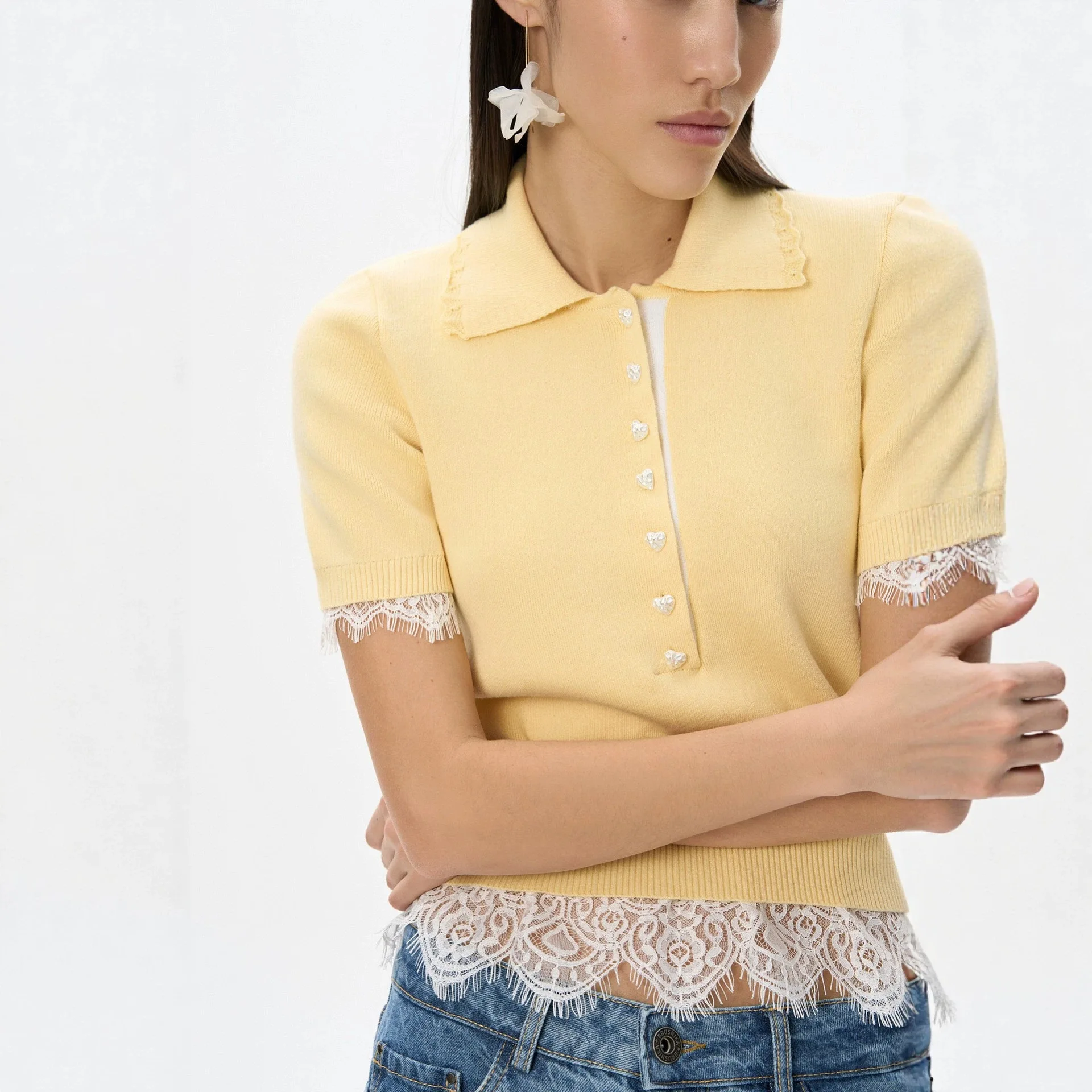 Summer New Women's Knitted Short Sleeve Blouse Lace Patchwork T Shirts Outerwear Loose 2026 Fashion Knitted Female Top