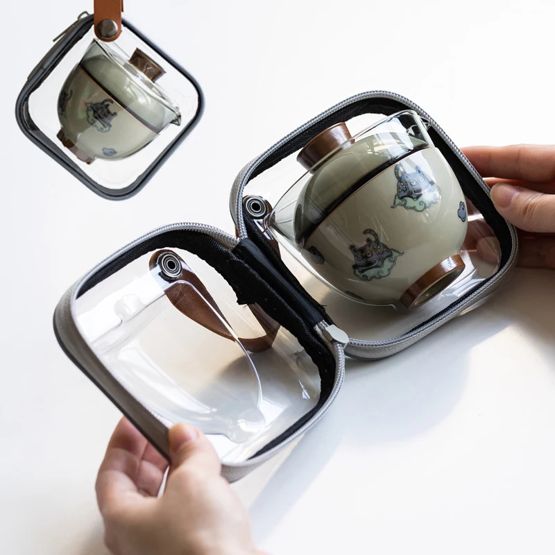 

Для портативного чайника кунг-фу, чайный сервиз с керамической глазурью и тигром на 2 чашки для одного набора в дорожной сумке, чайник Гонфу для любителей чая