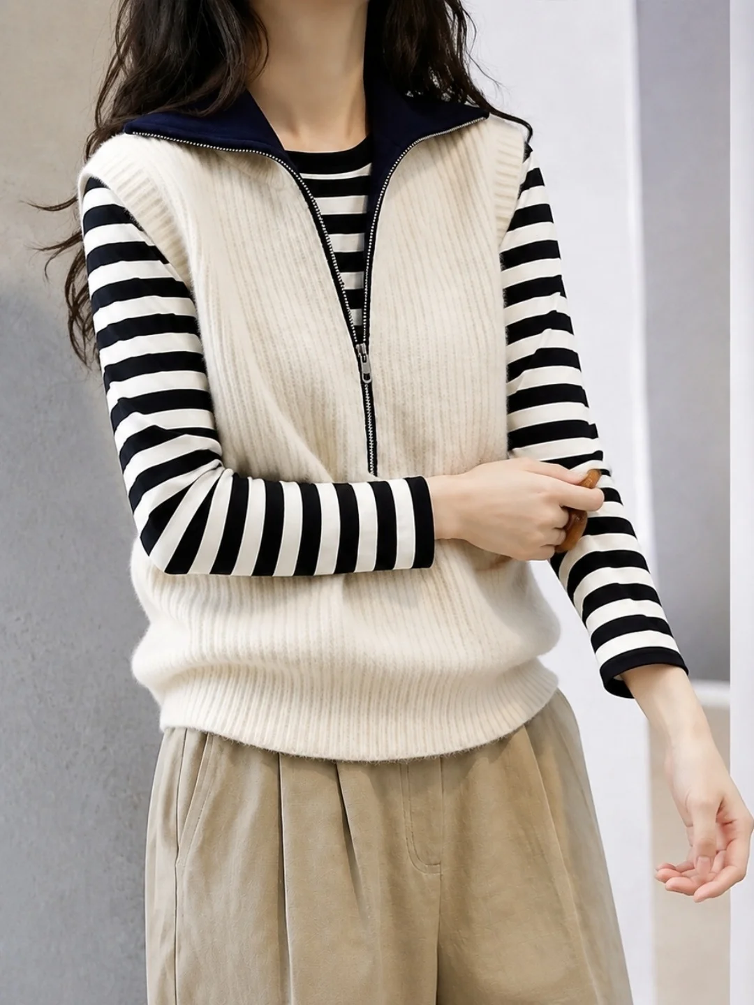 Commuter Knitted Vest Half Zip Color Block Base Shirt Versatile Workwear Korean Style Straight Cut Long Sleeve Silk Top