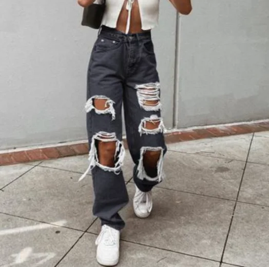 

Jeans Y2K American Vintage Handsome Streetwear Women's Ripped Denim Cargo Pants High Waisted Hip-Hop Trendy Chic Denim Pants