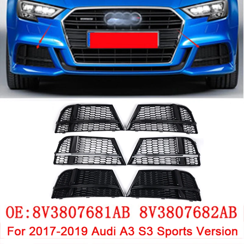 

2pcs ABS Black Car Front Bumper Fog Light Cover Lower Bezels Grill for Audi A3 S3 Sport Version 2017-2019 8V3807681AE 8V3807682Q