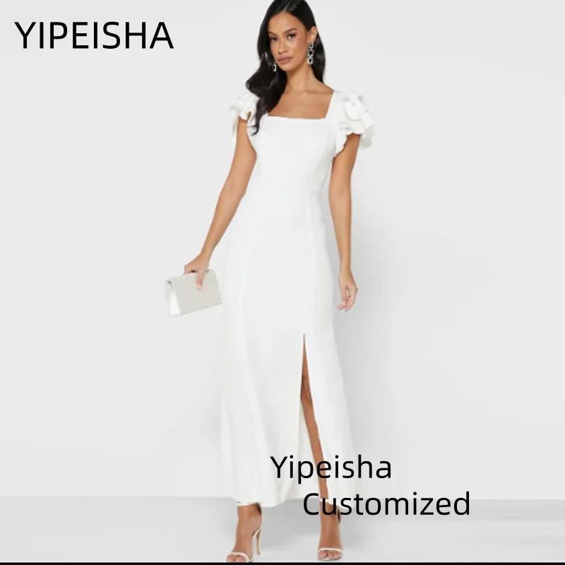 

Customized Short White Crepe Evening Dresses with Ruffles/Slit Mermaid Square Neck Zipper Tea Length Party Dress for Women