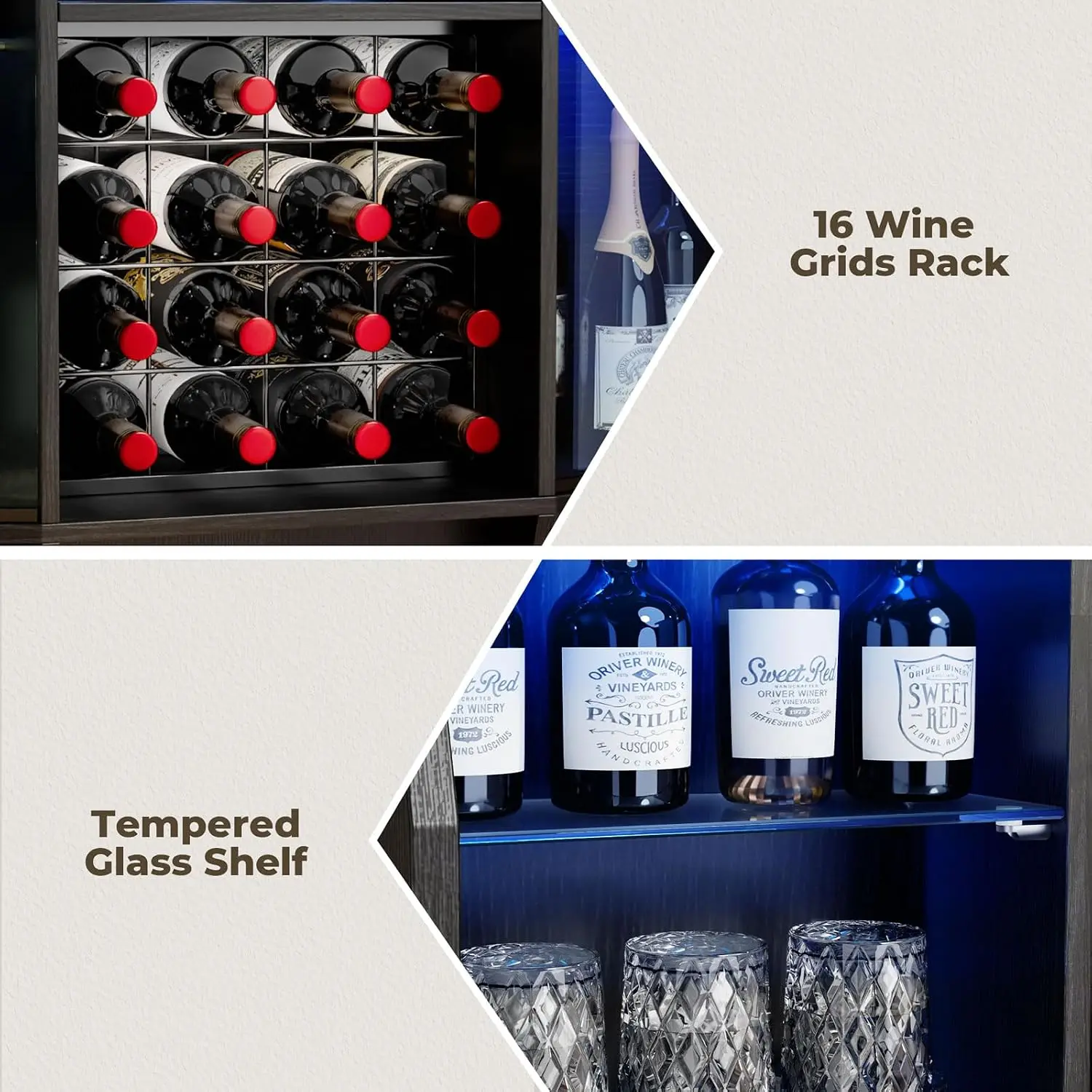 Wine Bar Cabinet W/ LED Lights & Glass Door, Liquor Storage W/ 16 Glass Rack & Adjustable Shelf, Customized