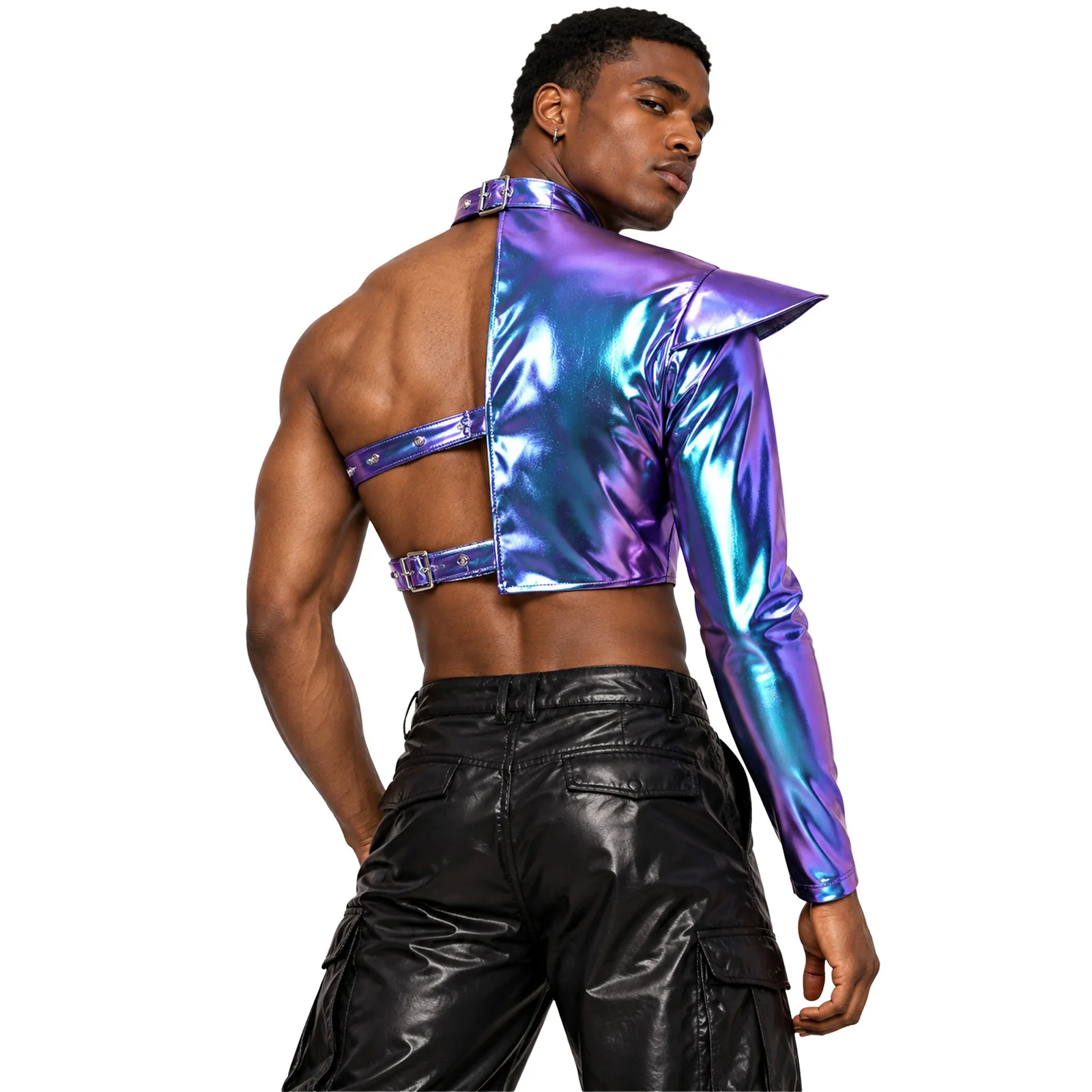 Men Metallic Shiny One Shoulder Crop Top Disco Clubwear Long Sleeve with Structured Epaulet Adjustable Buckles Asymmetrical Tops