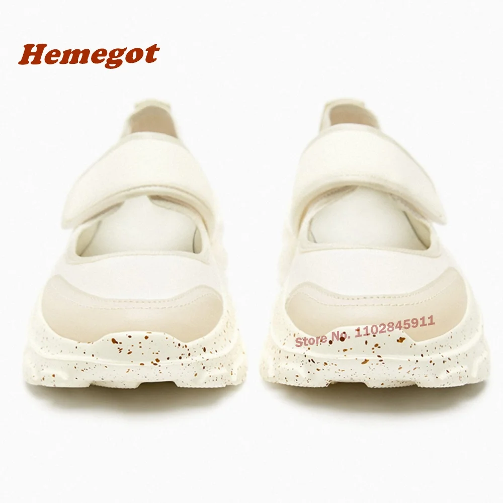 Patchwork Hook and Loop Sneakers Beige Thick Soled Shallow Pumps Casual Breathable Mary Jane Ballet Shoes Luxury 7 Cm Mid Heels