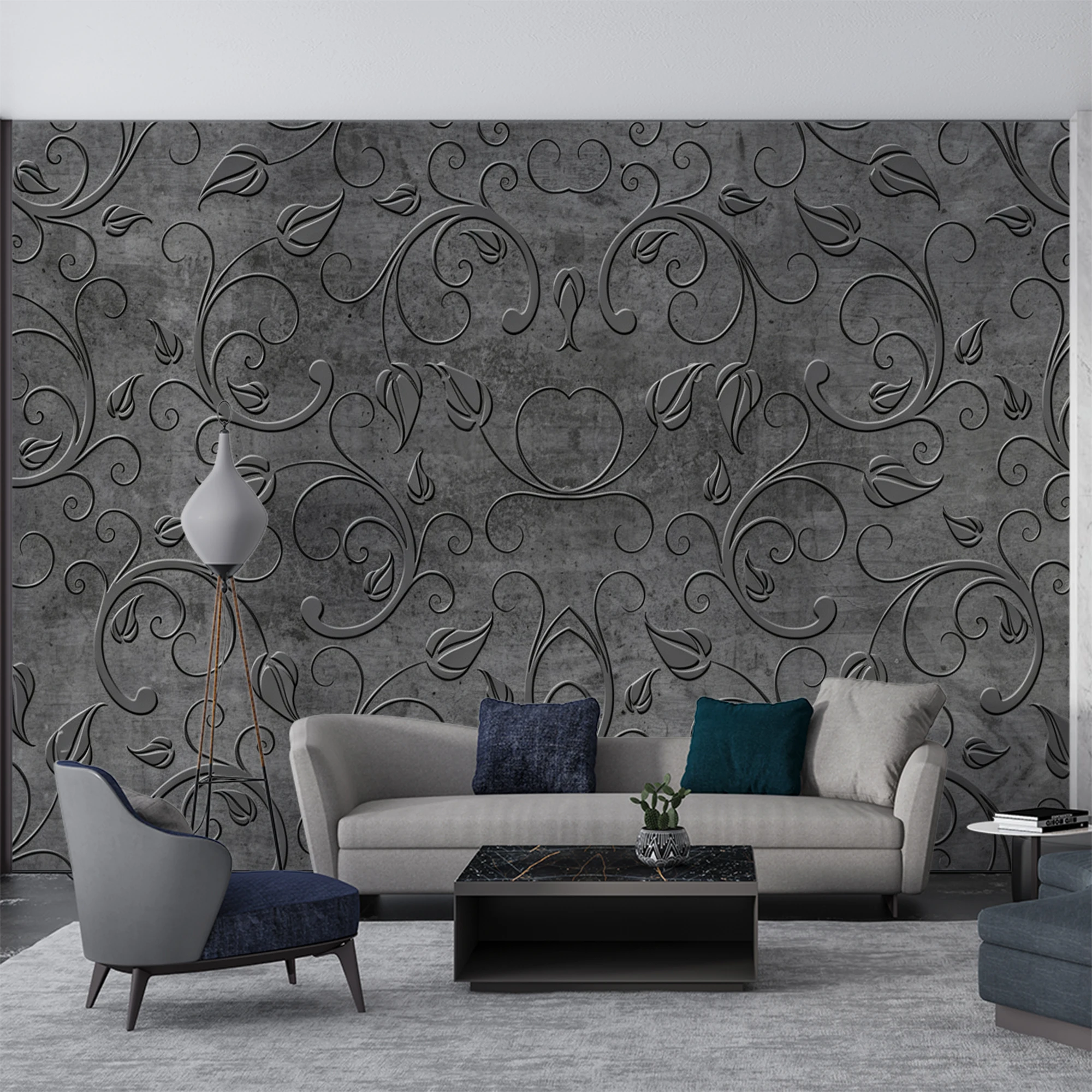 Custom 3D Embossed Floral Mural Wallpaper Grey Concrete Texture Vintage Damask  for Living Room  Background Home Wall Decoration