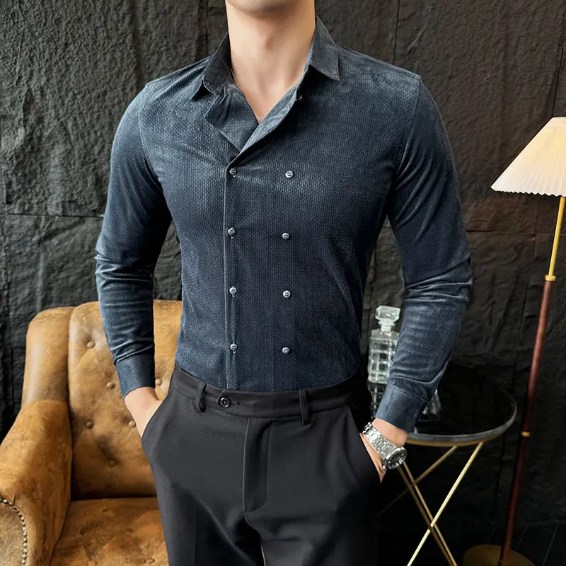 Men Autumn Winter  Double Breasted Shirt 2024 New Velvet Long Sleeved Slim Fit Shirts Formal Business Social Party Tuxedo 4XL-M
