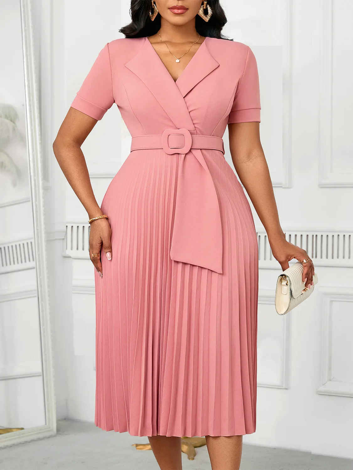 Women\'s plus Size Pleated Waist Dress Fall Commuter Fashion Suit Collar New Arrival