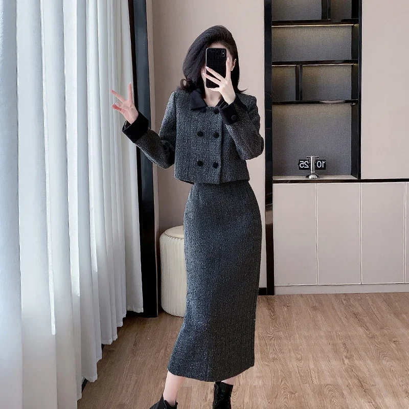 New Winter Women Thicken Cotton-padded Tweed Skirt Suits Fashion Patchwork Short Jacket And High Waist Long Skirt Two Piece Set