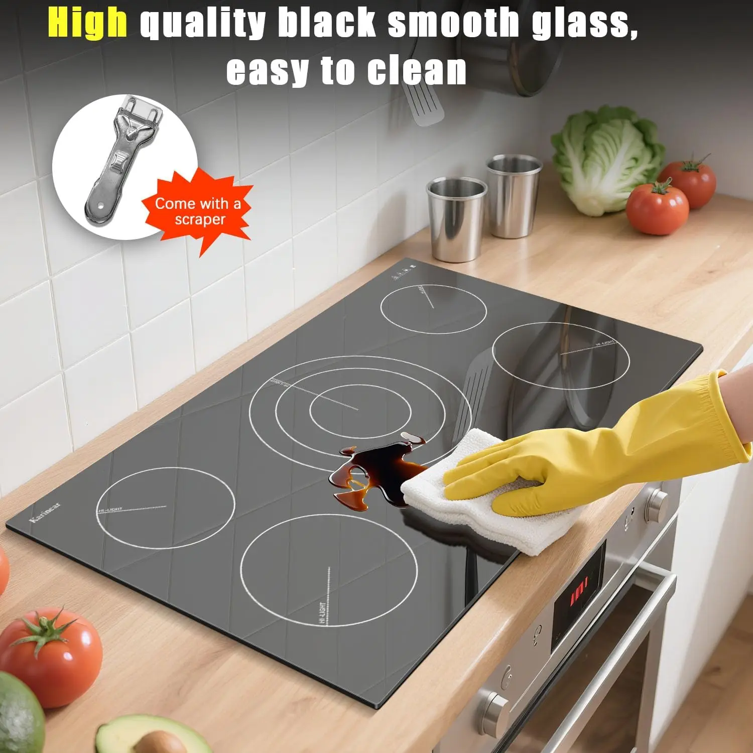 Karinear Electric Ceramic Stove Top 36 Inch Built-in, 5 Burners, Pause, Timer, Safety Lock,Triple Ring Expandable, 9400W, 240V