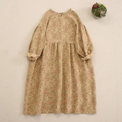 Sweet Mori Girl Vintage Floral Print Loose Cotton Dress Women Spring Autumn O-Neck Long Sleeve Retro Casual Midi Dresses