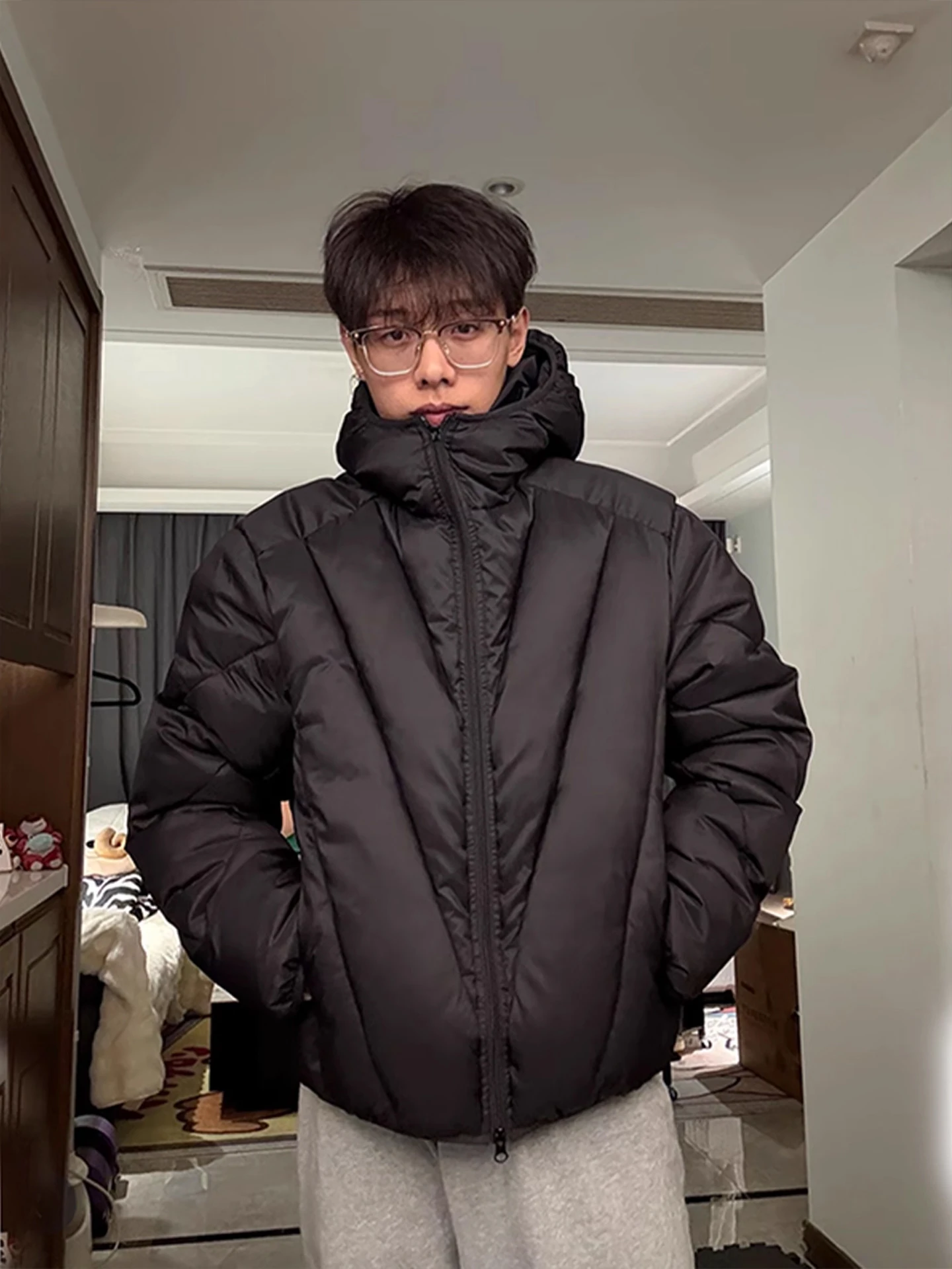 

Bla Sc V-Notch Ribbed Cotton Jaet Hooded Men's Winter Thi Warm Cleanfit Coat Loose Fit Long Sve Zipper Closure So...