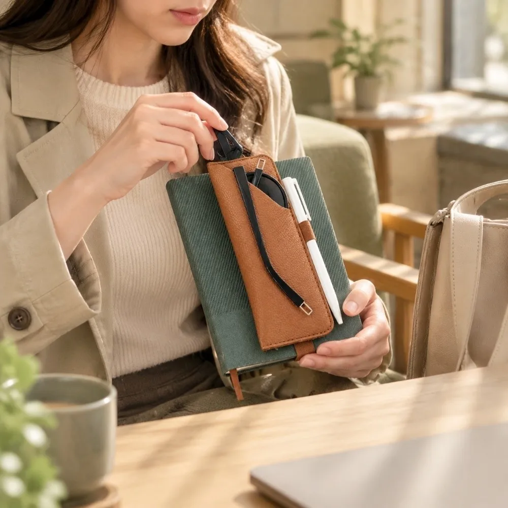 PU Leather Glasses Case Detachable Multi-functional Eyeglasses Holder with Elastic Band Pencil Pouch Journal Planner Notebook