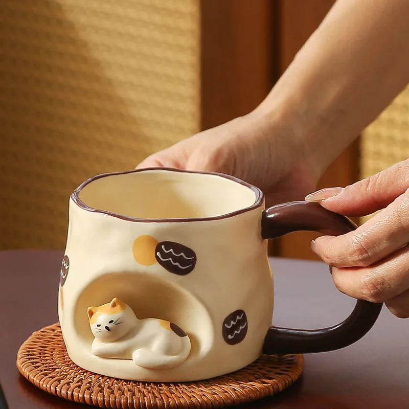 Ceramic Coffee Mug Cute Cat 3D Porcelain Cup With Handle Tea Milk Water Cup Yellow Drinkware Birthday Gift for Women