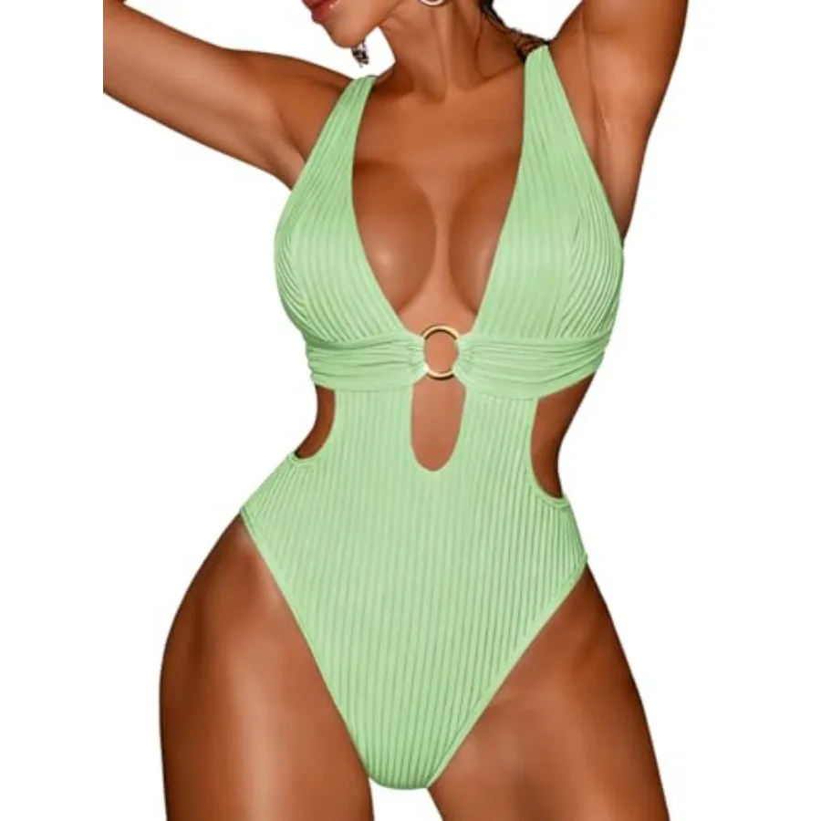 

EHSUYAB Sexy Women Plunge V One Pcs Swimsuit, Cut Out Textu Cheeky High Cut Bathing Suit, Pool Party Monokini Rave Outfit
