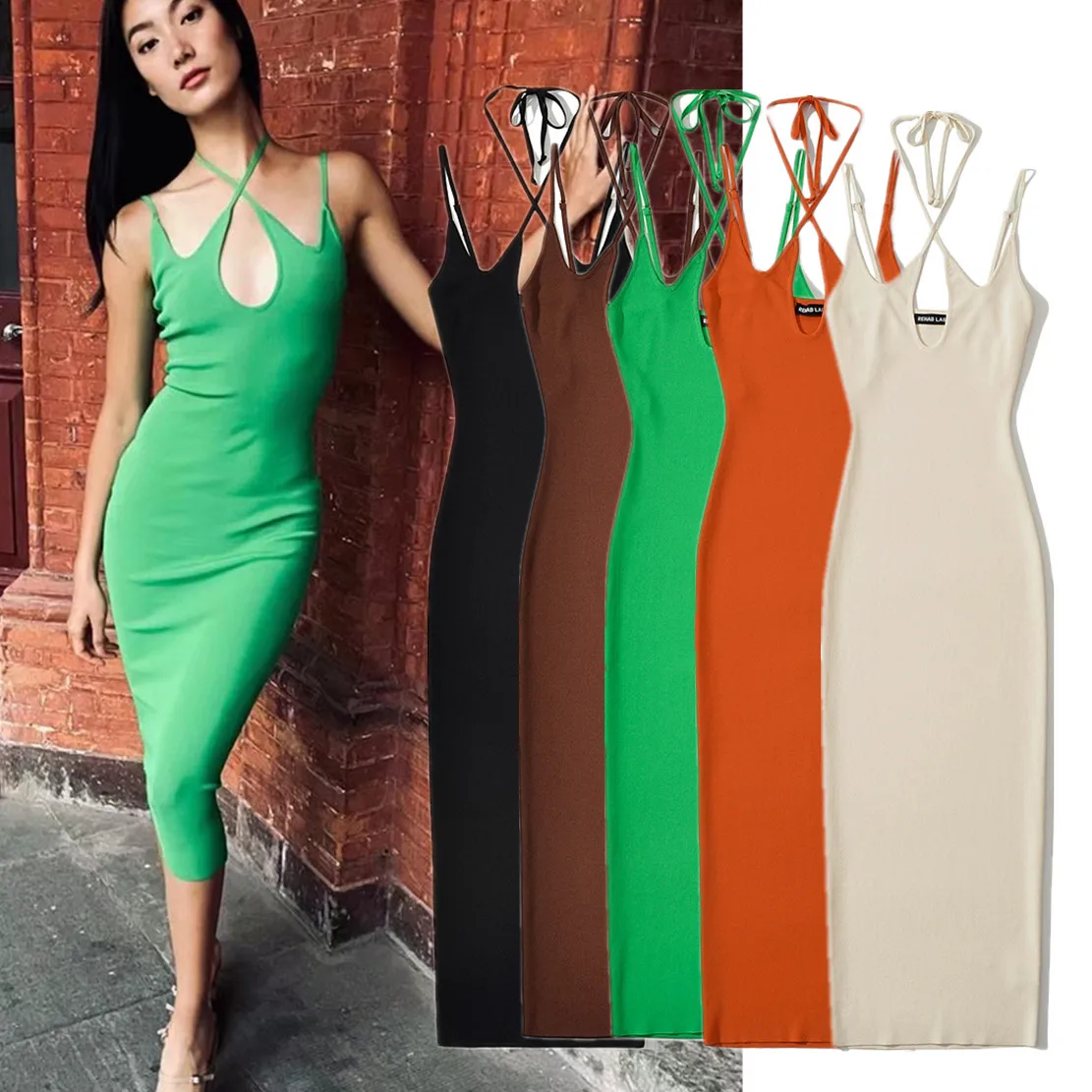 Maxdutti Colorful Summer Hollow out Fashion Midi Dress Women Ins Fashion Blogger Vintage Halter Sexy Knitted Sheath Dress