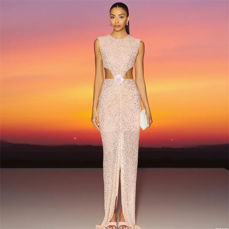 

Luxury Pink Women Prom Dress Luxury Beaded 3D Flower Sexy Hollow Sleeveless Long Party Gown Formal Birthday Red Carpet Robe