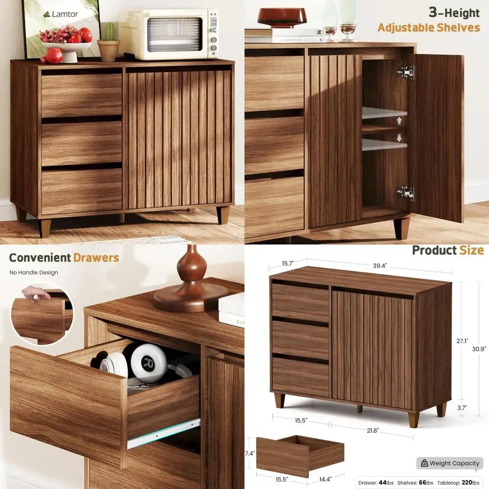 sideboard buffet cabinet with storage - walnut coffee bar cabinet with 3 drawers & 2 doors, fluted storage cabinet for kitchen,