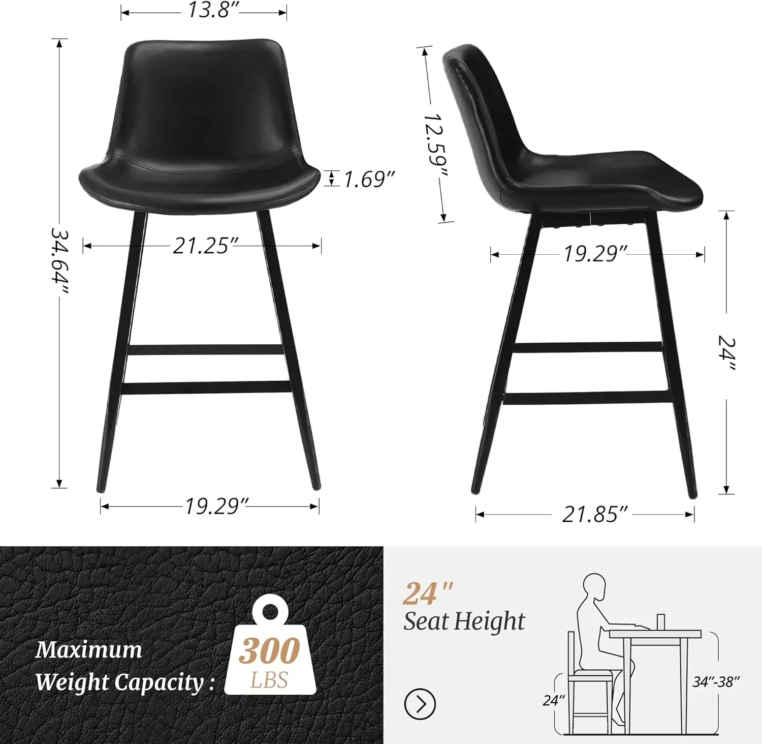 24  Counter Stool, Modern Bucket Set of 3,  with Back and Footrest, Faux Leather Bar Stools for Kitchen Island Restaurants, Blac