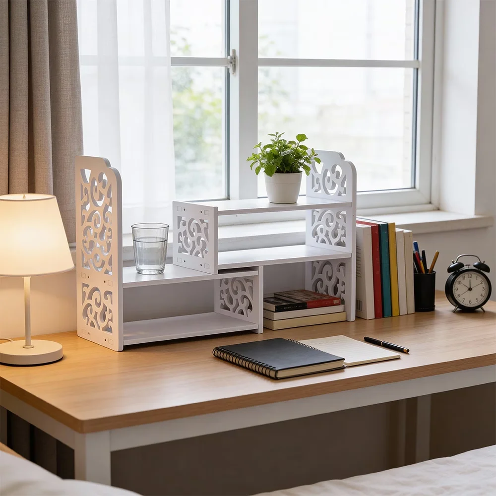 Scalable desktop stationery organizer, white desktop bookshelf, suitable for organizing tidy items in homes, offices, and school