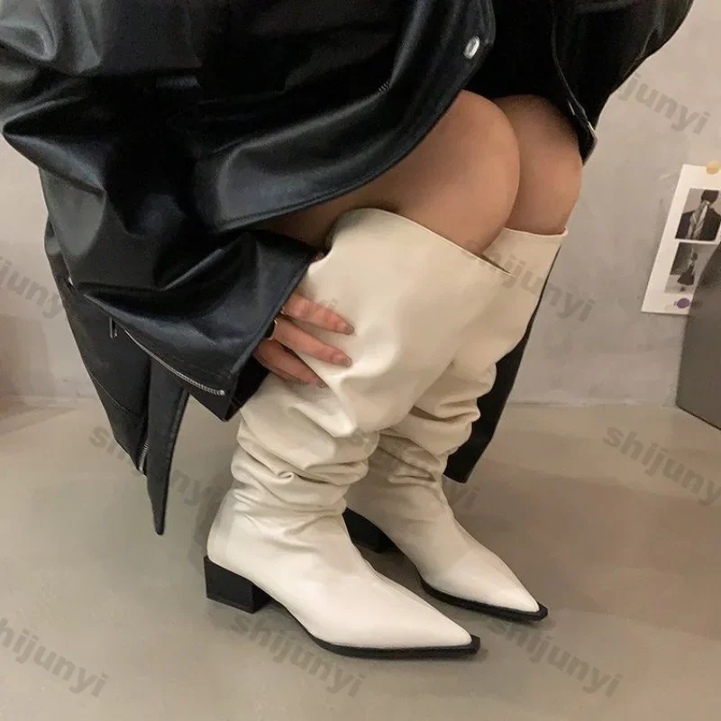 Women Pointy High-Tube Brown Pu Leather Thigh High Boots Woman Autumn Winter New Slip on Black Over Knee Long Knight Botas Mujer