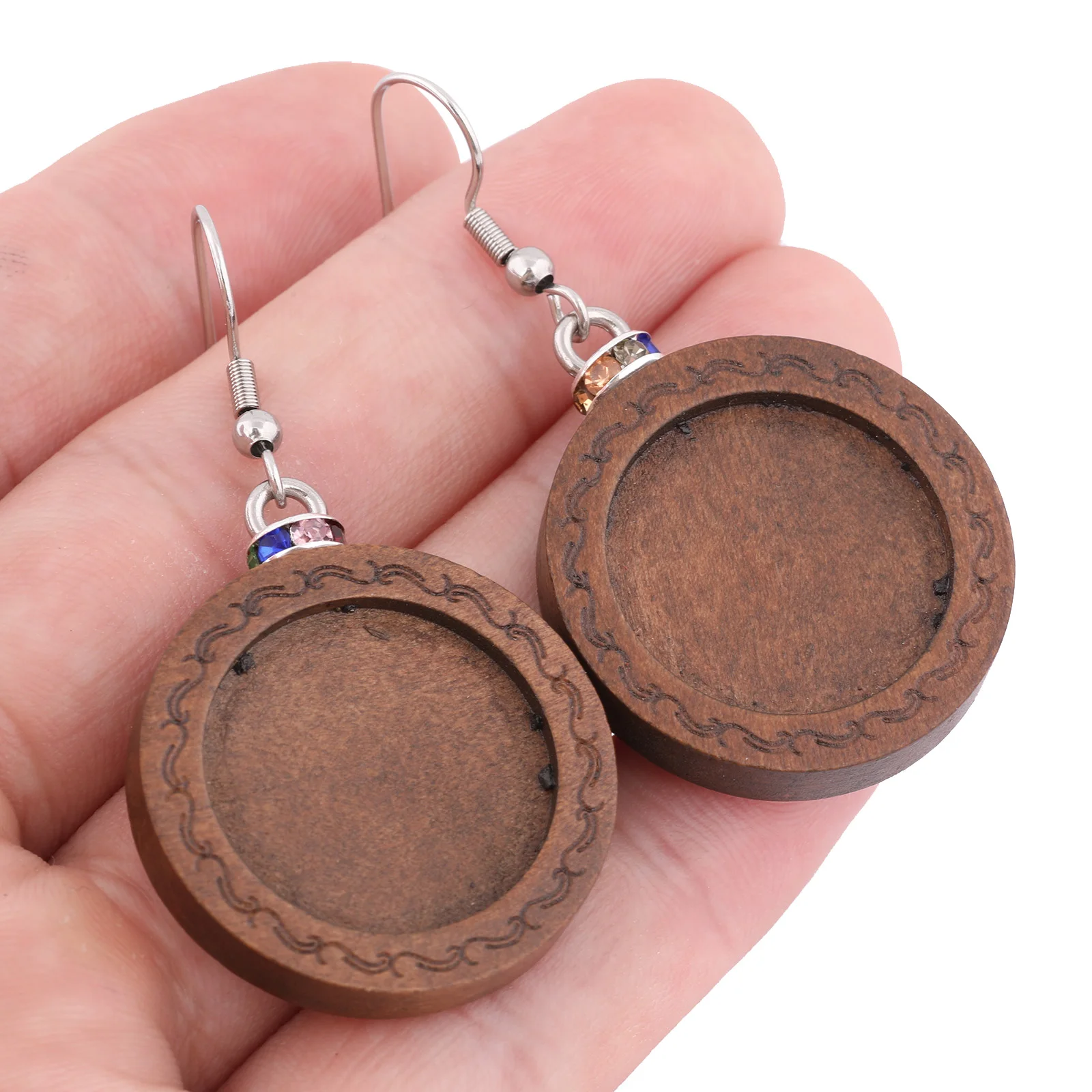 Pendientes de cabujón de madera de 6 piezas y 20mm, Base de ajuste, espacios en blanco con espaciador, dijes, ganchos para la oreja de acero inoxidable, accesorios para la fabricación de joyas