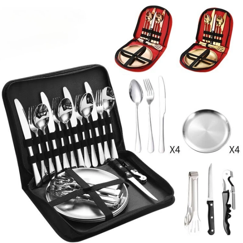 10/20pcs Stainless Steel Outdoor Cutlery Set Camping Picnic Knife Fork Spoon Plate Portable Canvas Bag Dinnerware Set